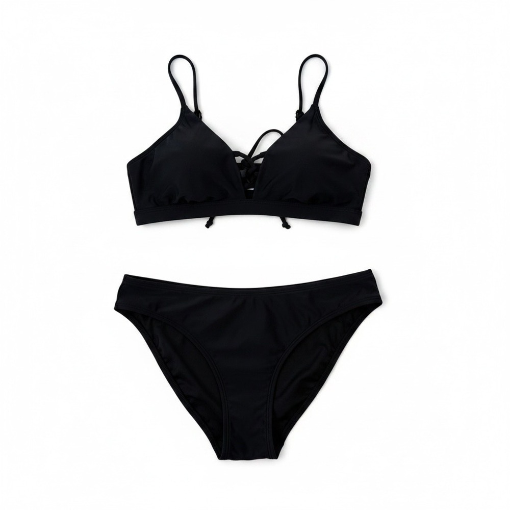 Cupshe NWT Black Triangle Bikini Top Looped Back Tie Standard Bottom‎ Set Medium